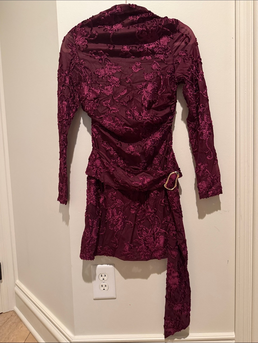 Vici Long-Sleeve Lace Appliqué Dress in Plum